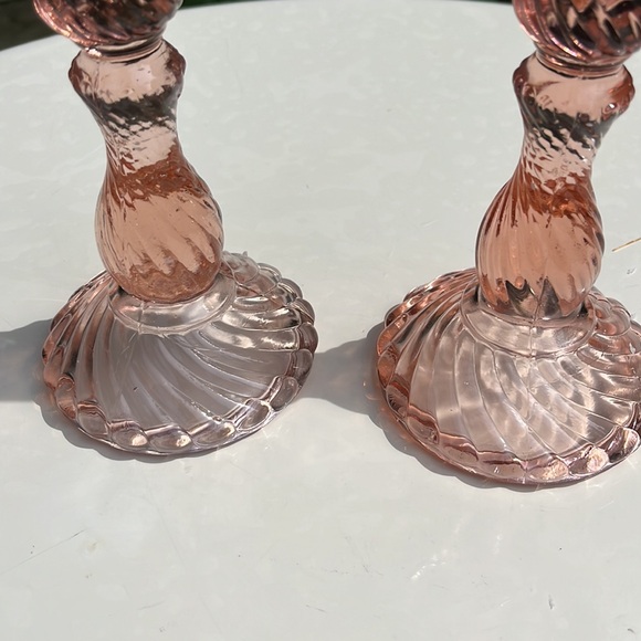 Taiwan Pink Depression Glass (Set of 2) Candlesticks Holders GLOW 6" Tall - Picture 4 of 7